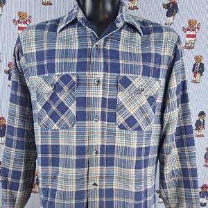Vintage Fieldmaster Perma Prest blue & tan plaid lined flannel LG tall shacket